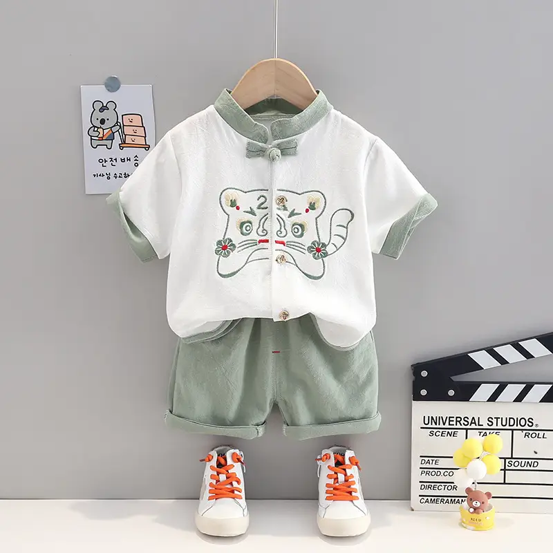 Boys Chinese Hanfu Cotton Linen Short Sleeve Ethnic Two-piece Set - Image 2