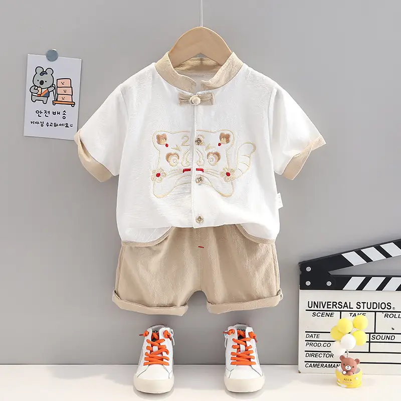 Boys Chinese Hanfu Cotton Linen Short Sleeve Ethnic Two-piece Set - Image 3