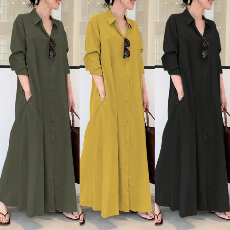 Black Lapel Long Sleeve Pocket Dress for Women - Image 4