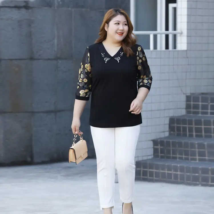 Plus Size Chiffon Shirt Black Floral Collar Slimming - Image 3