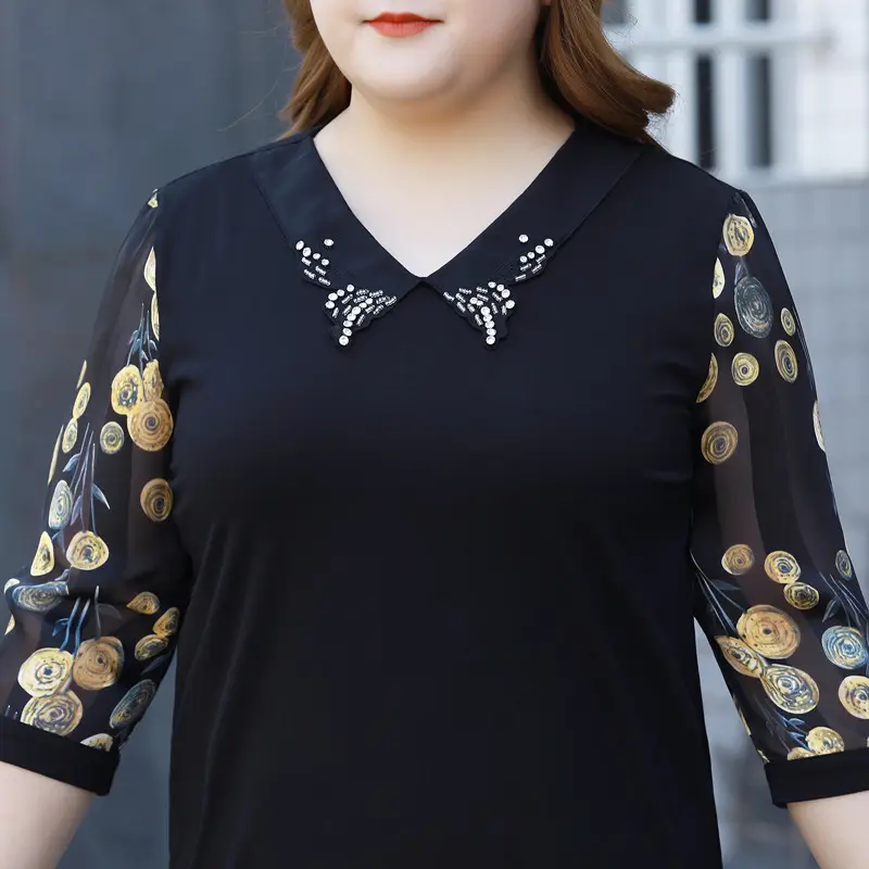 Plus Size Chiffon Shirt Black Floral Collar Slimming - Image 4