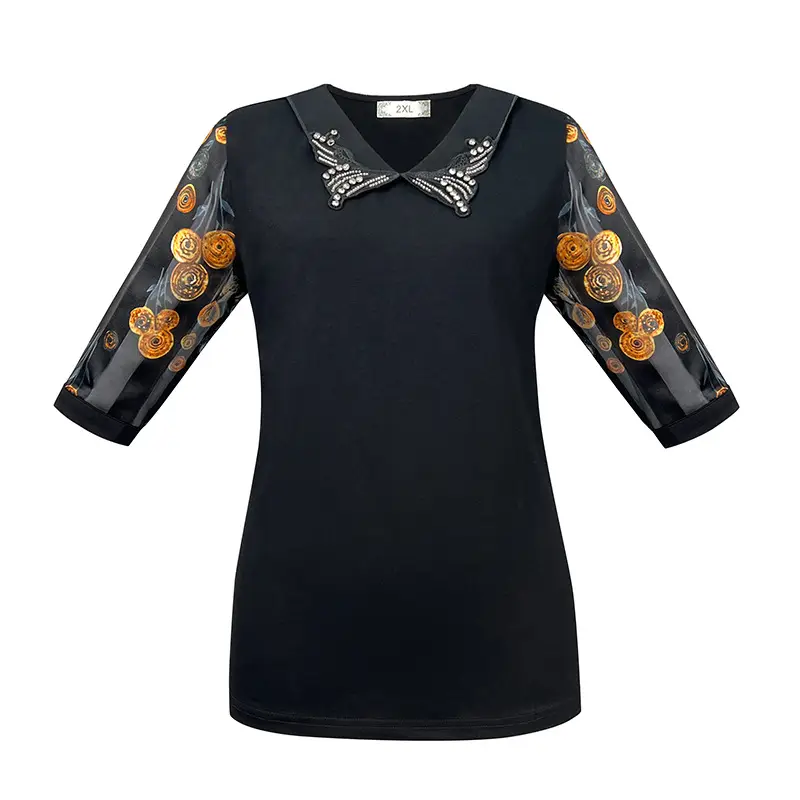 Plus Size Chiffon Shirt Black Floral Collar Slimming - Image 5