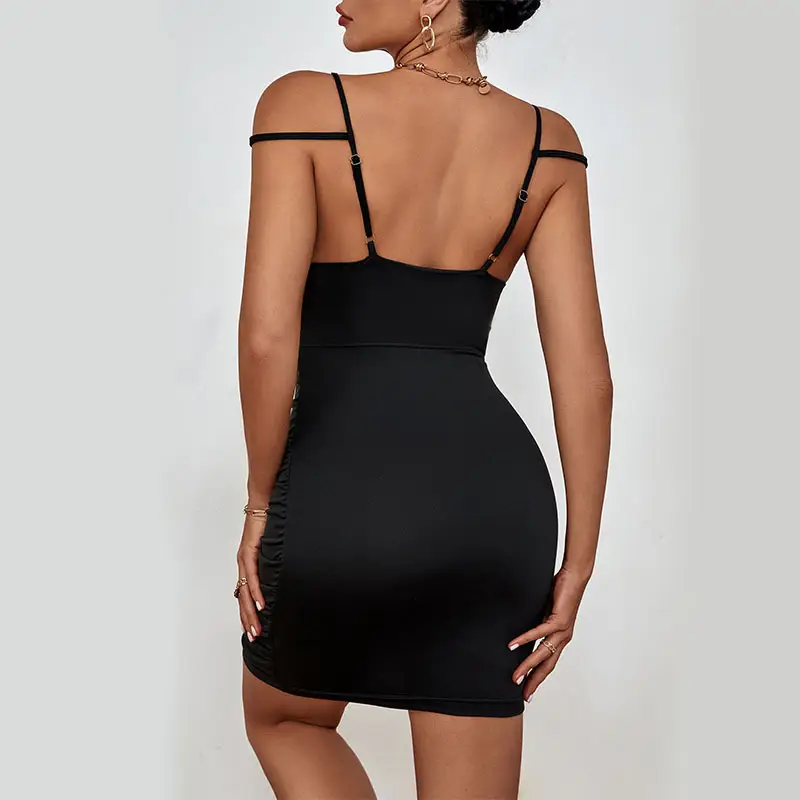 Black Ruched Strap Bodycon Dress for Women - Image 5