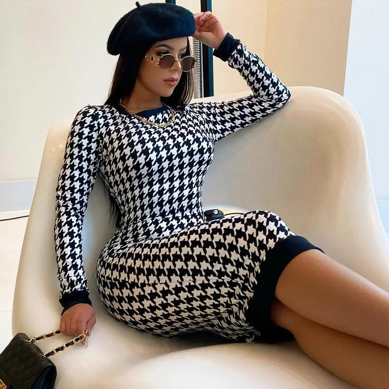 2022 Long Sleeve Houndstooth Slim Skirt Dress - Image 2