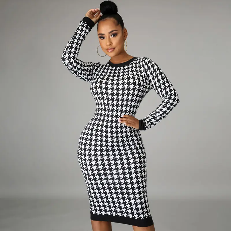 2022 Long Sleeve Houndstooth Slim Skirt Dress - Image 3