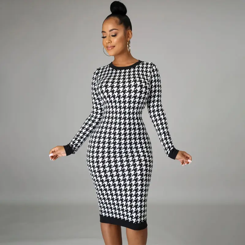 2022 Long Sleeve Houndstooth Slim Skirt Dress - Image 4