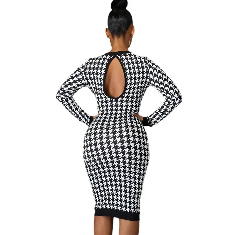 2022 Long Sleeve Houndstooth Slim Skirt Dress - Image 6