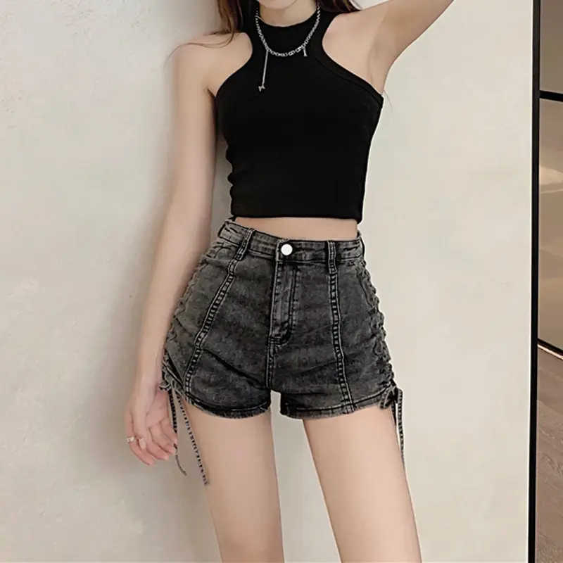 Lace-up Denim Shorts Women High Waist Elastic Slimming - Image 5