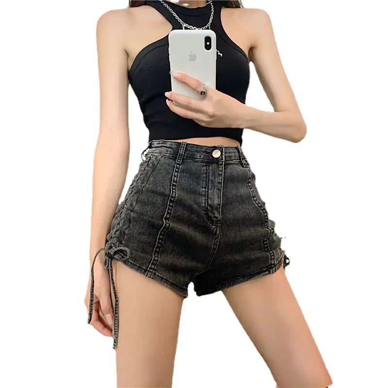 Lace-up Denim Shorts Women High Waist Elastic Slimming - Image 7