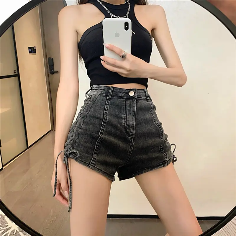 Lace-up Denim Shorts Women High Waist Elastic Slimming - Image 2