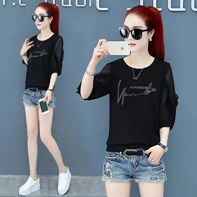 Women Pure Cotton Rhinestone T-Shirt Black White Summer 2025 - Image 3
