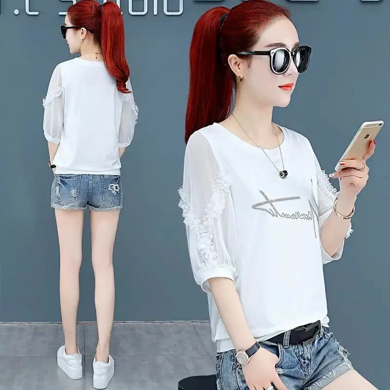 Women Pure Cotton Rhinestone T-Shirt Black White Summer 2025 - Image 4