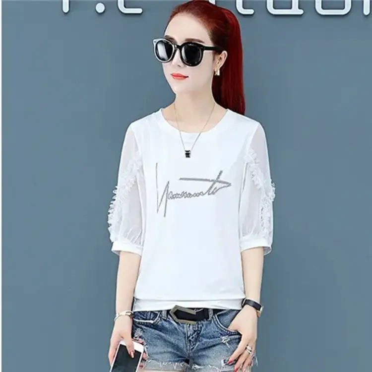 Women Pure Cotton Rhinestone T-Shirt Black White Summer 2025 - Image 5