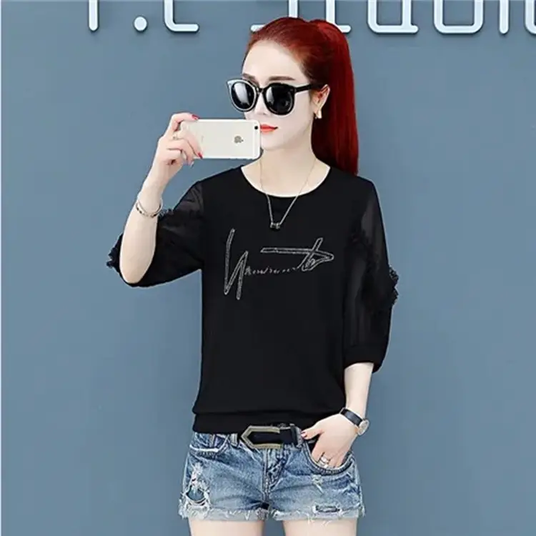 Women Pure Cotton Rhinestone T-Shirt Black White Summer 2025 - Image 6