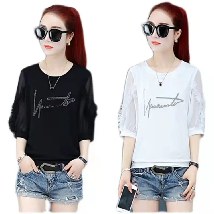 Women Pure Cotton Rhinestone T-Shirt Black White Summer 2025 - Image 7