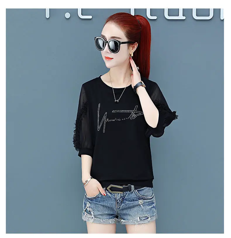 Women Pure Cotton Rhinestone T-Shirt Black White Summer 2025 — feature 11