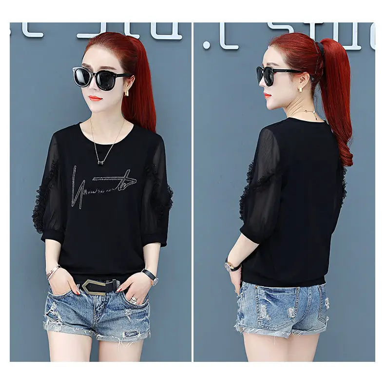 Women Pure Cotton Rhinestone T-Shirt Black White Summer 2025 — feature 12