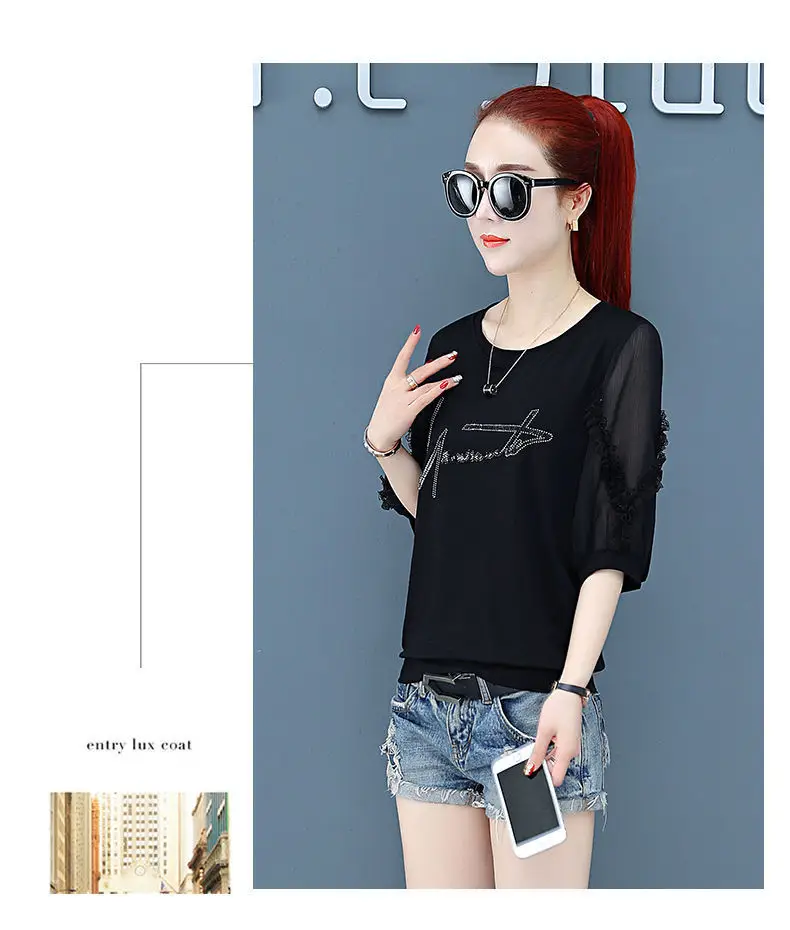Women Pure Cotton Rhinestone T-Shirt Black White Summer 2025 — feature 14