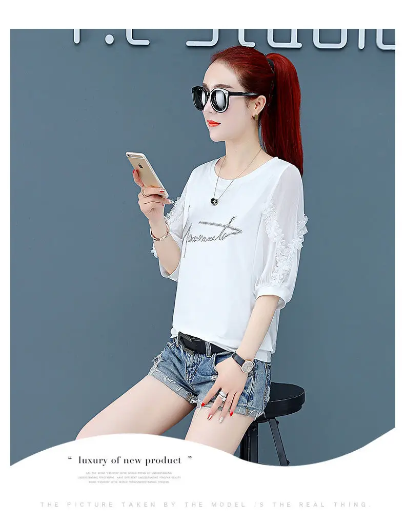 Women Pure Cotton Rhinestone T-Shirt Black White Summer 2025 — feature 15