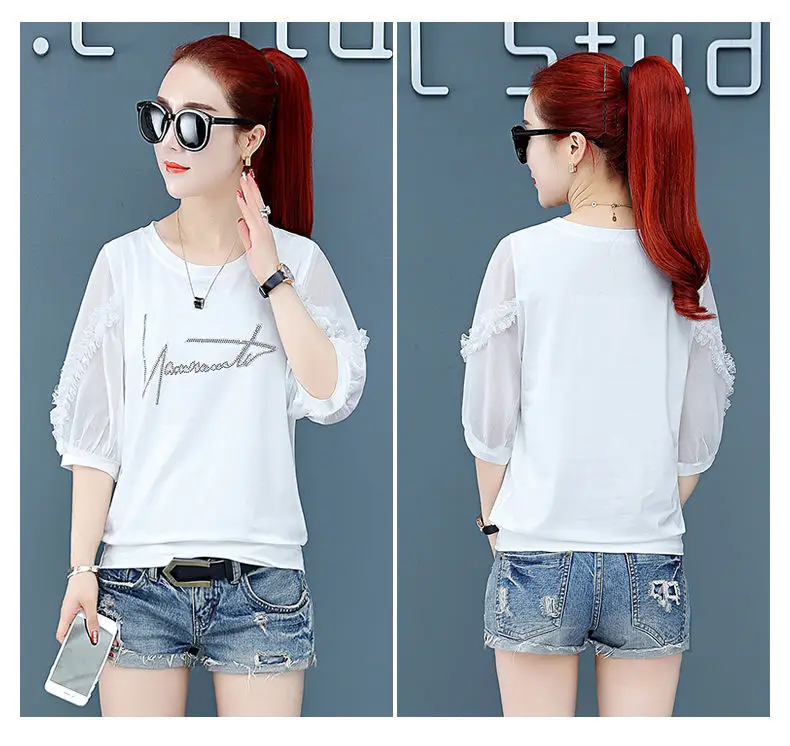 Women Pure Cotton Rhinestone T-Shirt Black White Summer 2025 — feature 16