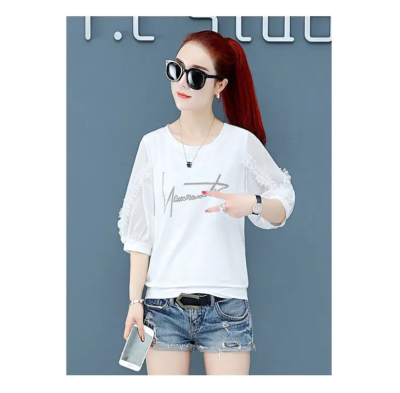 Women Pure Cotton Rhinestone T-Shirt Black White Summer 2025 — feature 17