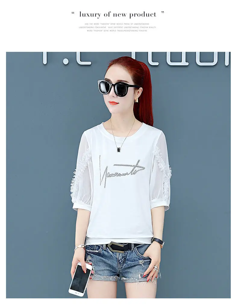 Women Pure Cotton Rhinestone T-Shirt Black White Summer 2025 — feature 18