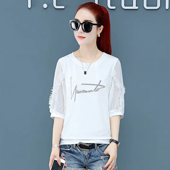 Women Pure Cotton Rhinestone T-Shirt Black White Summer 2025 - Image 2