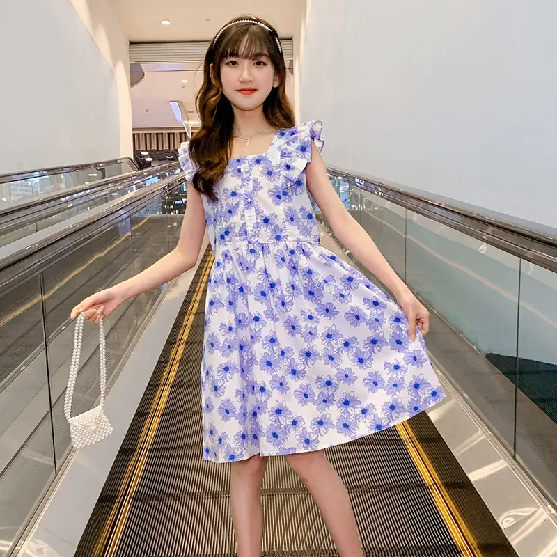 Girls' Cotton Floral Dress Blue White 2025 - Image 4