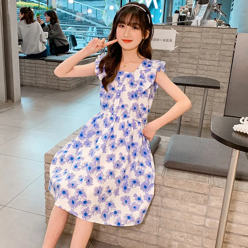 Girls' Cotton Floral Dress Blue White 2025 - Image 6