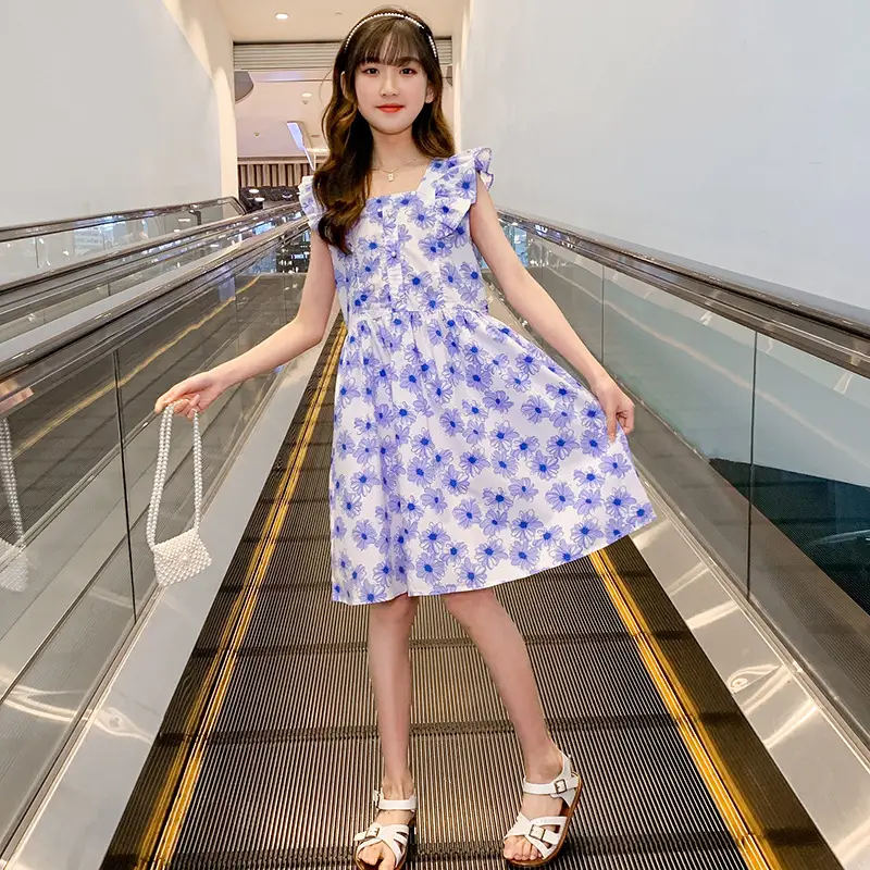 Girls' Cotton Floral Dress Blue White 2025 - Image 2