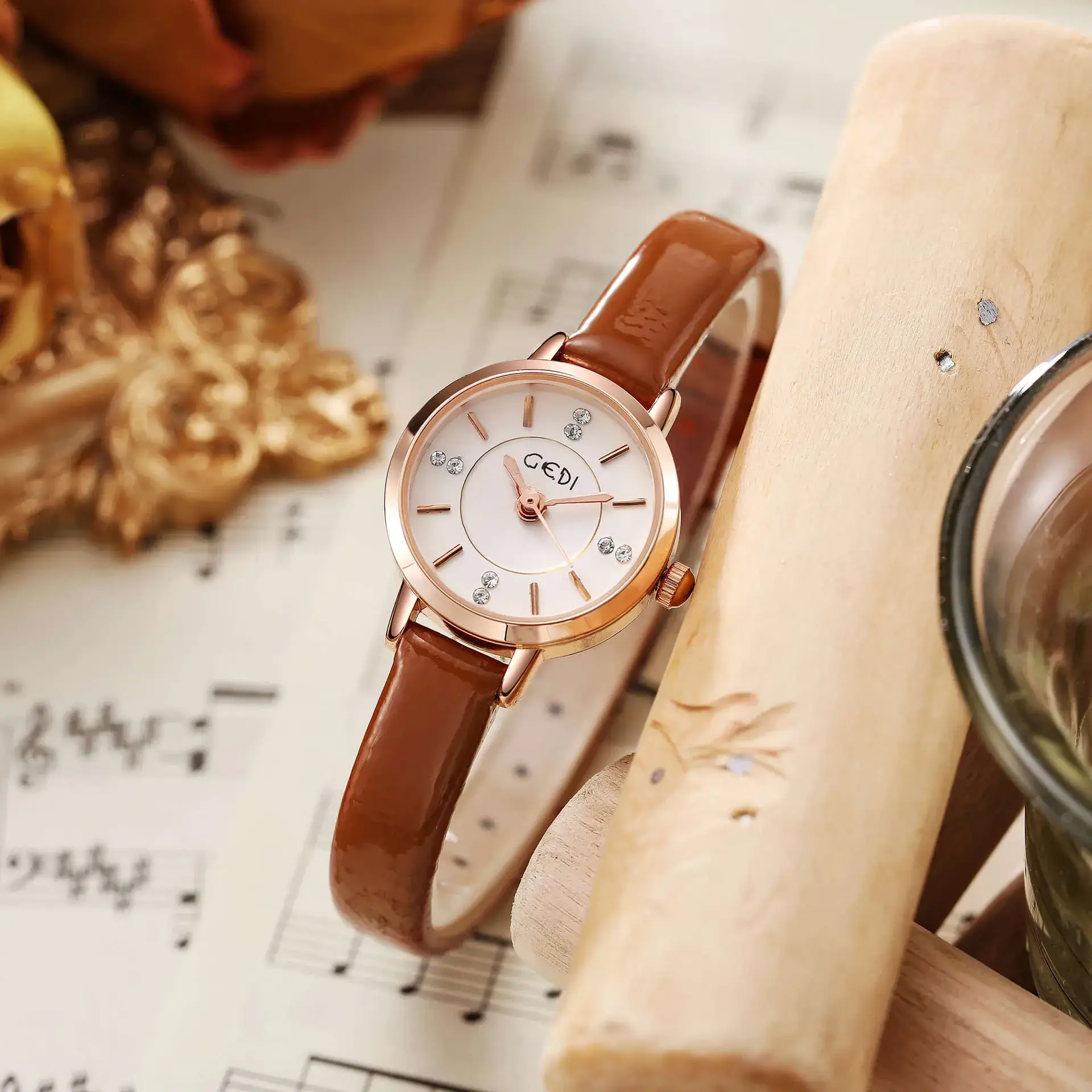 Women's Gedi Korean Style Quartz Watch Rose Gold Black Belt - Image 6
