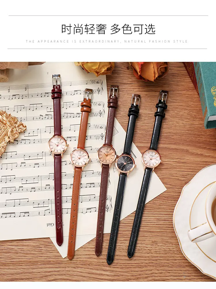 Women's Gedi Korean Style Quartz Watch Rose Gold Black Belt — feature 7