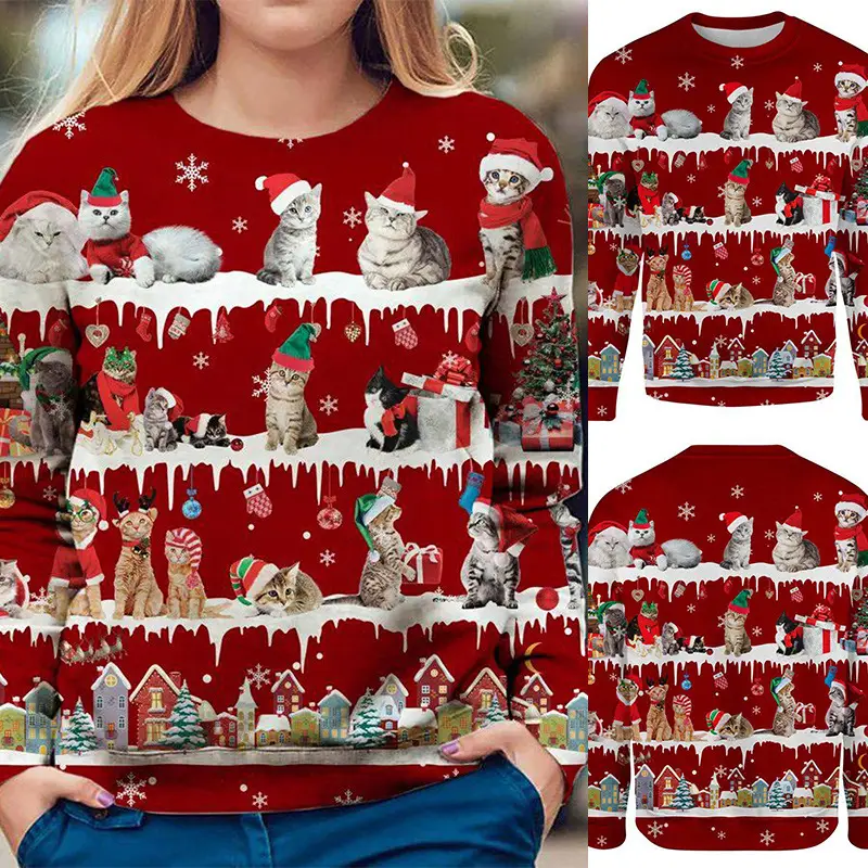 Women's 2022 Printed Christmas T-Shirt Round Neck Red - Image 2