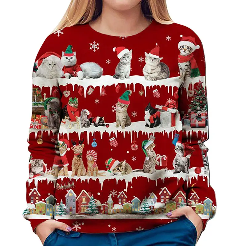 Women's 2022 Printed Christmas T-Shirt Round Neck Red - Image 3