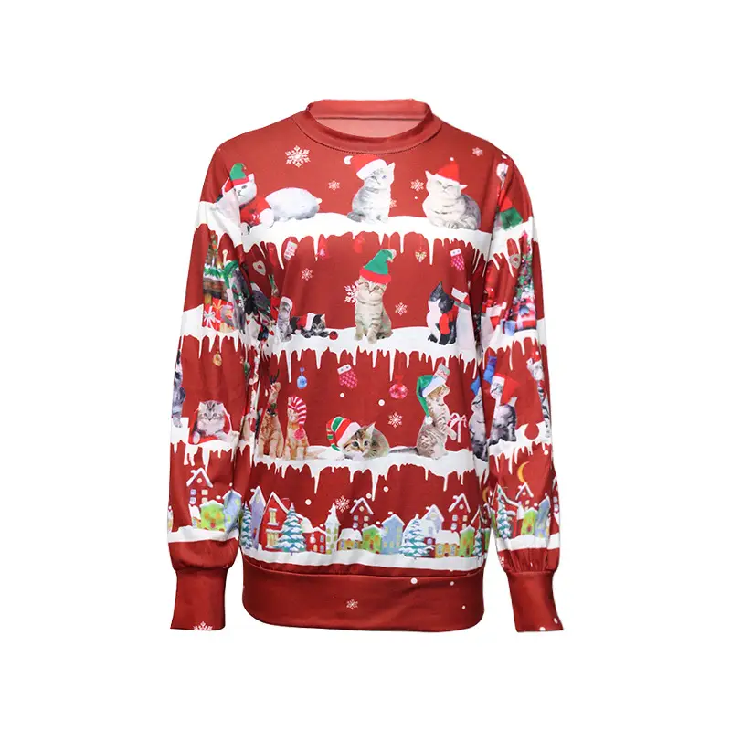 Women's 2022 Printed Christmas T-Shirt Round Neck Red - Image 5