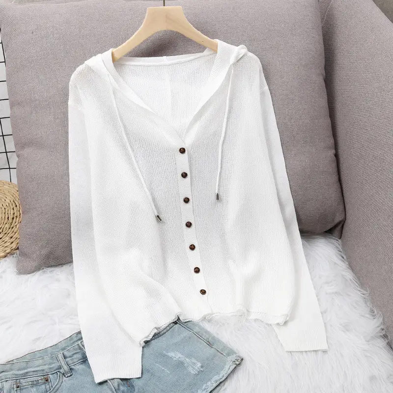 White Knitted V-Neck Cardigan Hooded Top for Women - Image 10