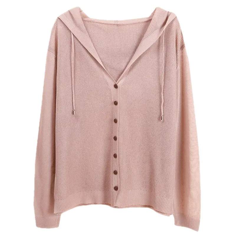 White Knitted V-Neck Cardigan Hooded Top for Women - Image 12