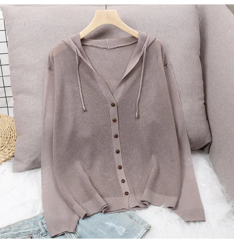 White Knitted V-Neck Cardigan Hooded Top for Women — feature 10