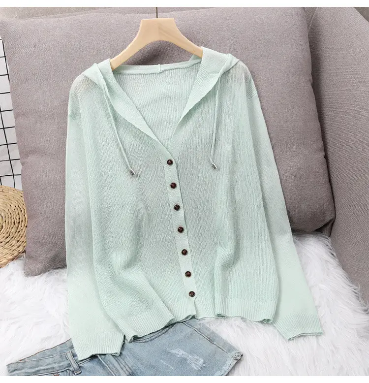 White Knitted V-Neck Cardigan Hooded Top for Women — feature 11
