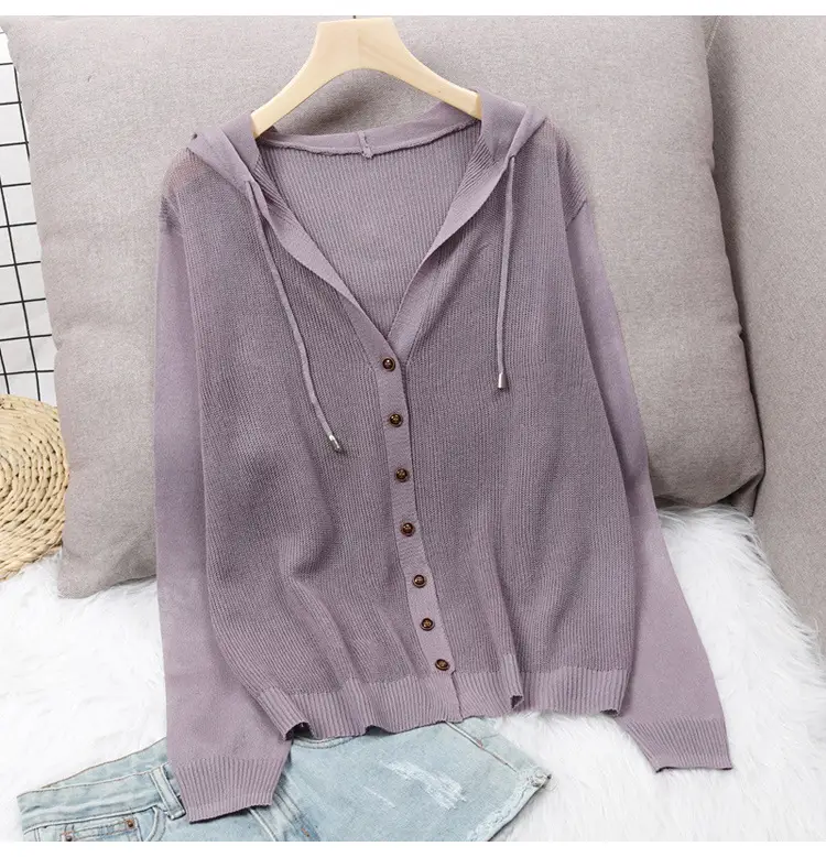 White Knitted V-Neck Cardigan Hooded Top for Women — feature 12