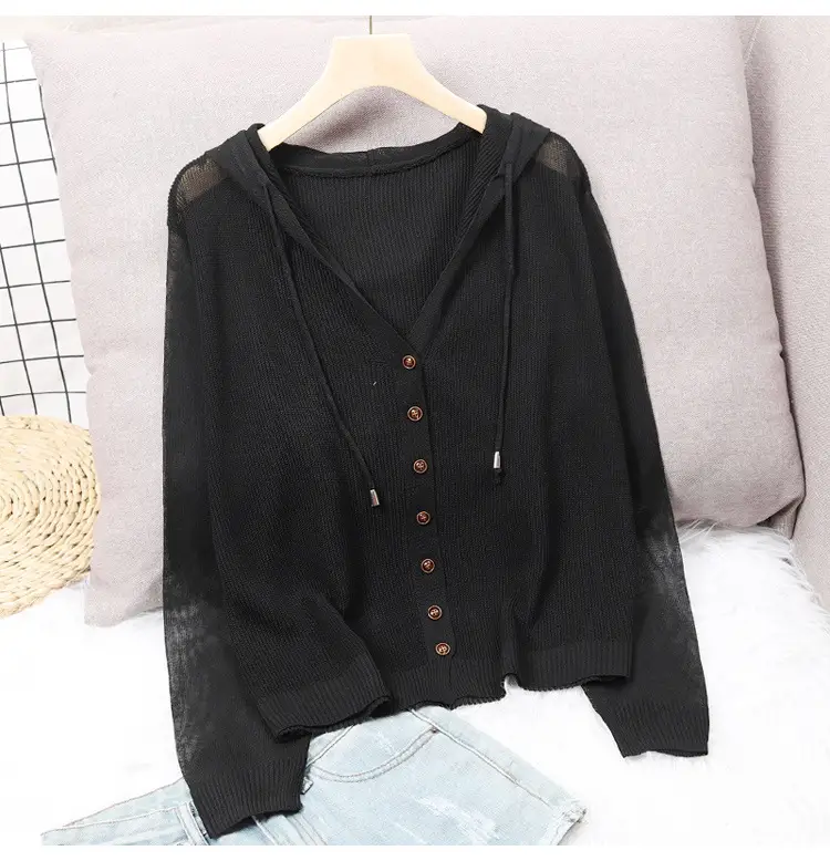 White Knitted V-Neck Cardigan Hooded Top for Women — feature 13