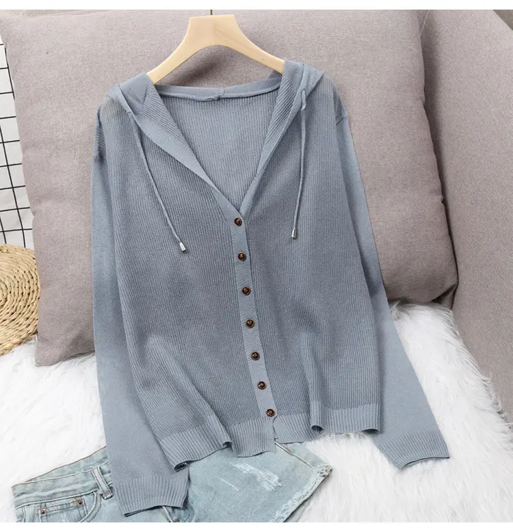 White Knitted V-Neck Cardigan Hooded Top for Women — feature 14