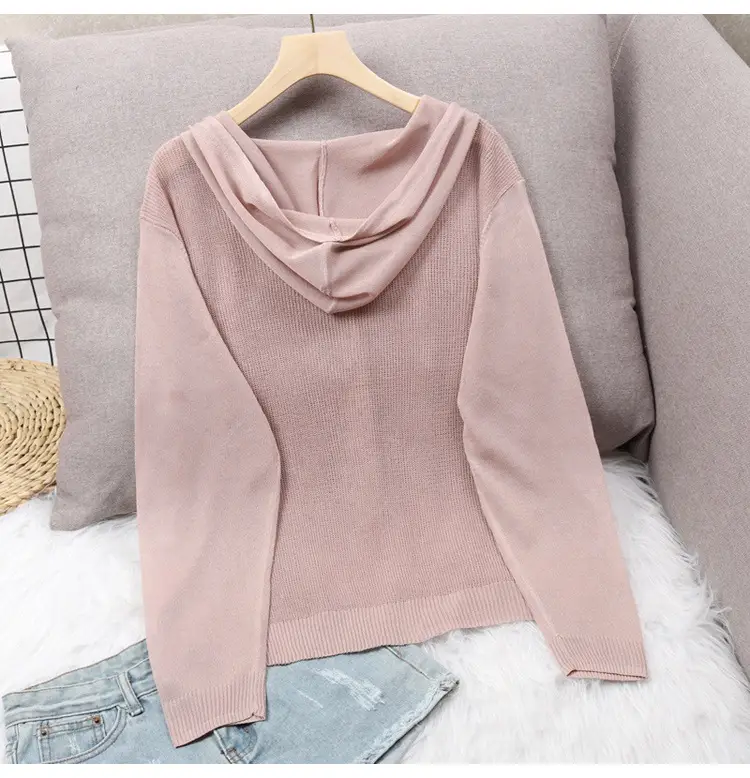 White Knitted V-Neck Cardigan Hooded Top for Women — feature 15