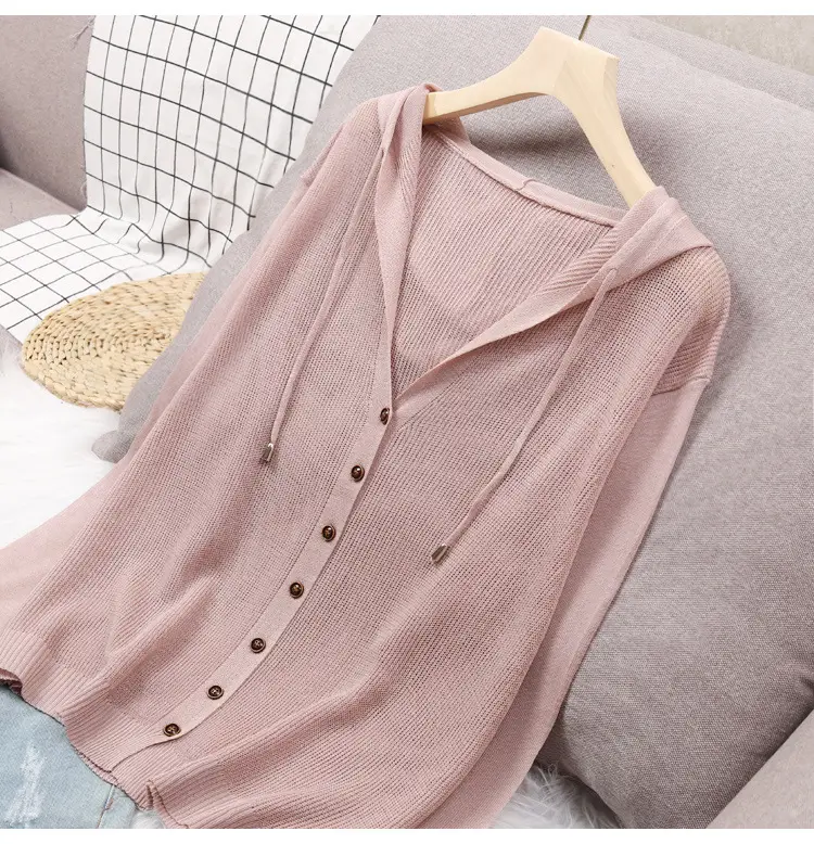 White Knitted V-Neck Cardigan Hooded Top for Women — feature 17