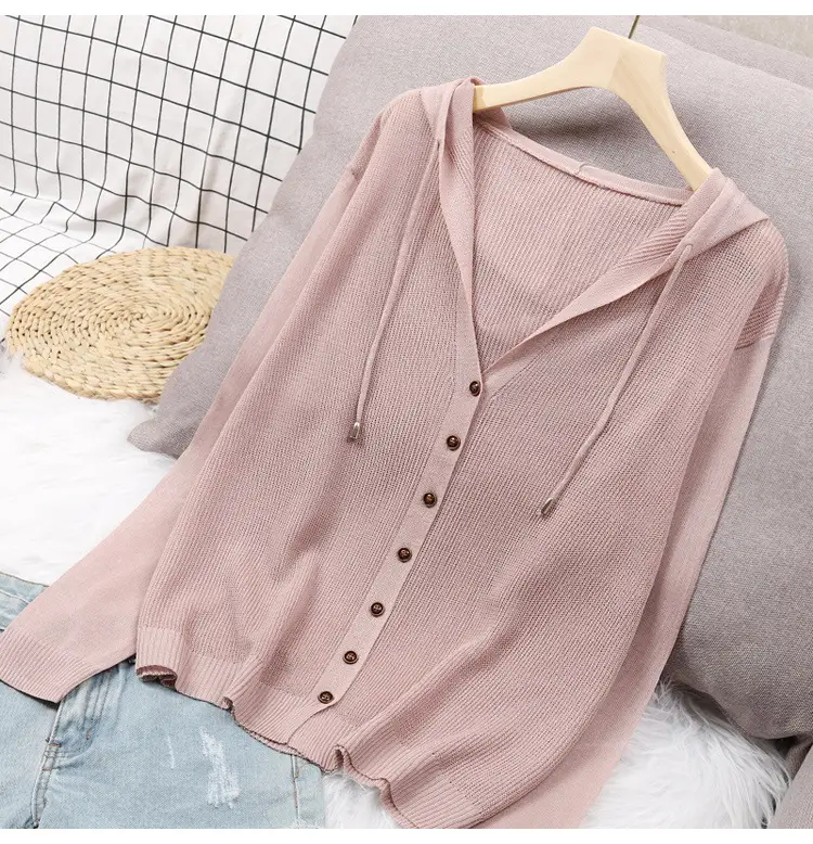 White Knitted V-Neck Cardigan Hooded Top for Women — feature 6