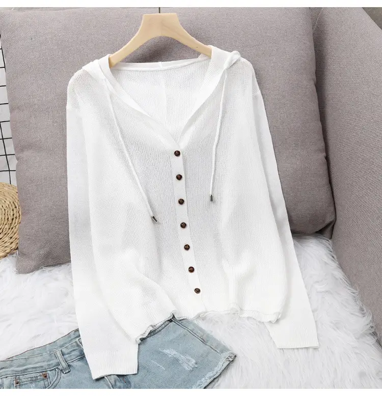 White Knitted V-Neck Cardigan Hooded Top for Women — feature 8