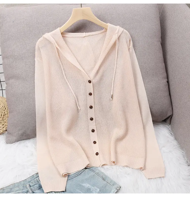 White Knitted V-Neck Cardigan Hooded Top for Women — feature 9