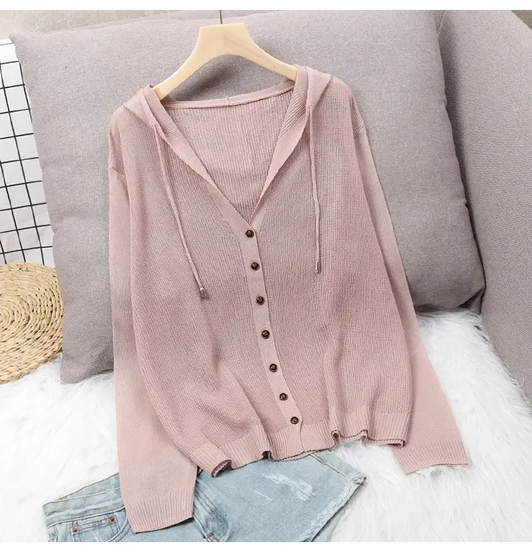White Knitted V-Neck Cardigan Hooded Top for Women - Image 2