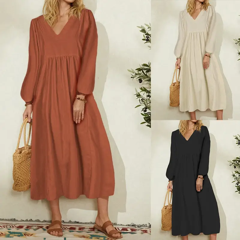 Women Cotton Linen Loose Lantern Sleeve Dress Cream - Image 5