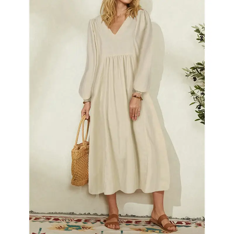 Women Cotton Linen Loose Lantern Sleeve Dress Cream - Image 6